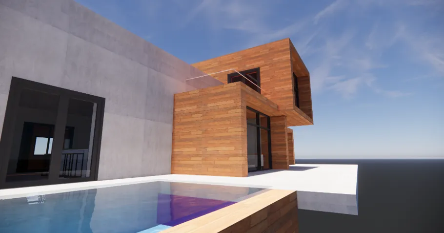 El cuerpo de madera en voladizo sobre la piscina, apoyado contra el paño de hormigón. La sombra que proyecta hace de porche del nivel inferior.