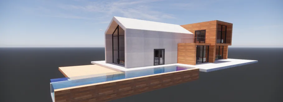 Vista general del conjunto: la nave a dos aguas, el cuerpo de madera y la plataforma que los reúne, con la piscina alojada en su borde.