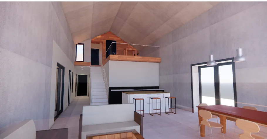 El interior bajo la cubierta inclinada de hormigón visto. El altillo de madera se asoma al espacio principal y la escalera queda contra el muro.
