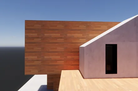 Estudio del encuentro entre el paño de madera y el muro de hormigón, con el hueco vertical recortado justo en la arista.