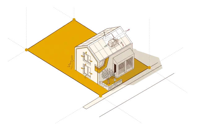 Axonometría de una casa con la envolvente aislada marcada en color, lamas en el porche, paneles en la cubierta y flechas que indican el paso del aire