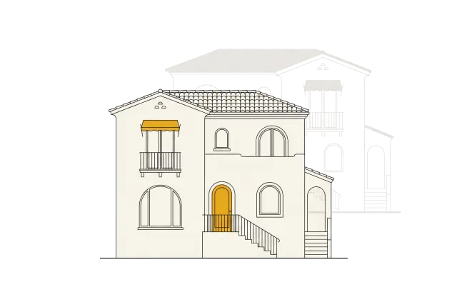 Alzado de una vivienda dibujado sobre el contorno tenue de una versión anterior de la misma casa