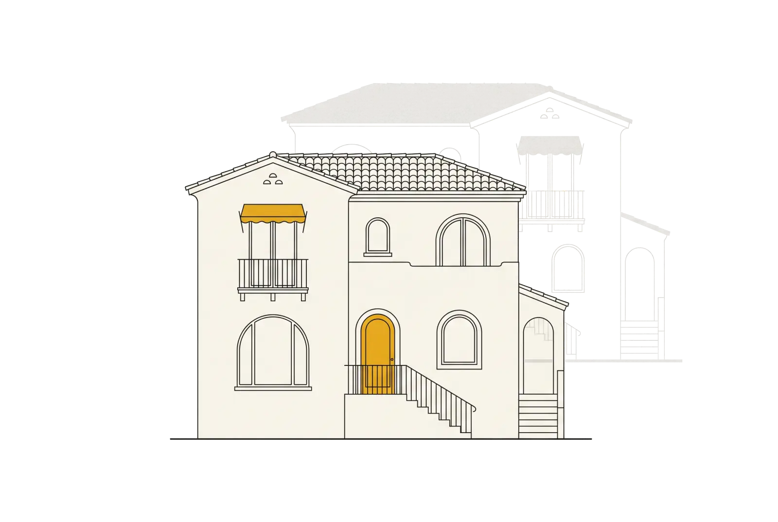 Alzado de una vivienda dibujado sobre el contorno tenue de una versión anterior de la misma casa