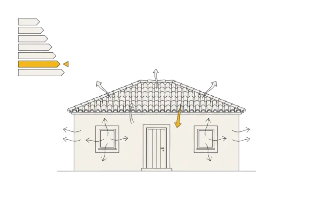 Alzado de una vivienda con flechas finas señalando por dónde se escapa la energía y la escala de la etiqueta energética al lado
