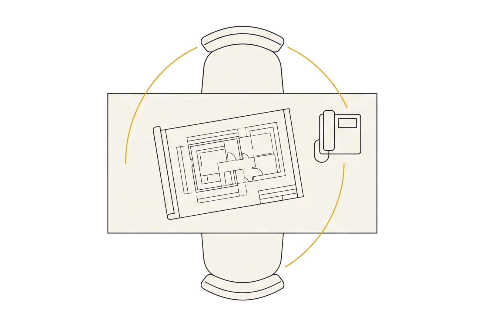 Desk seen from above with an unfolded plan and two chairs facing each other