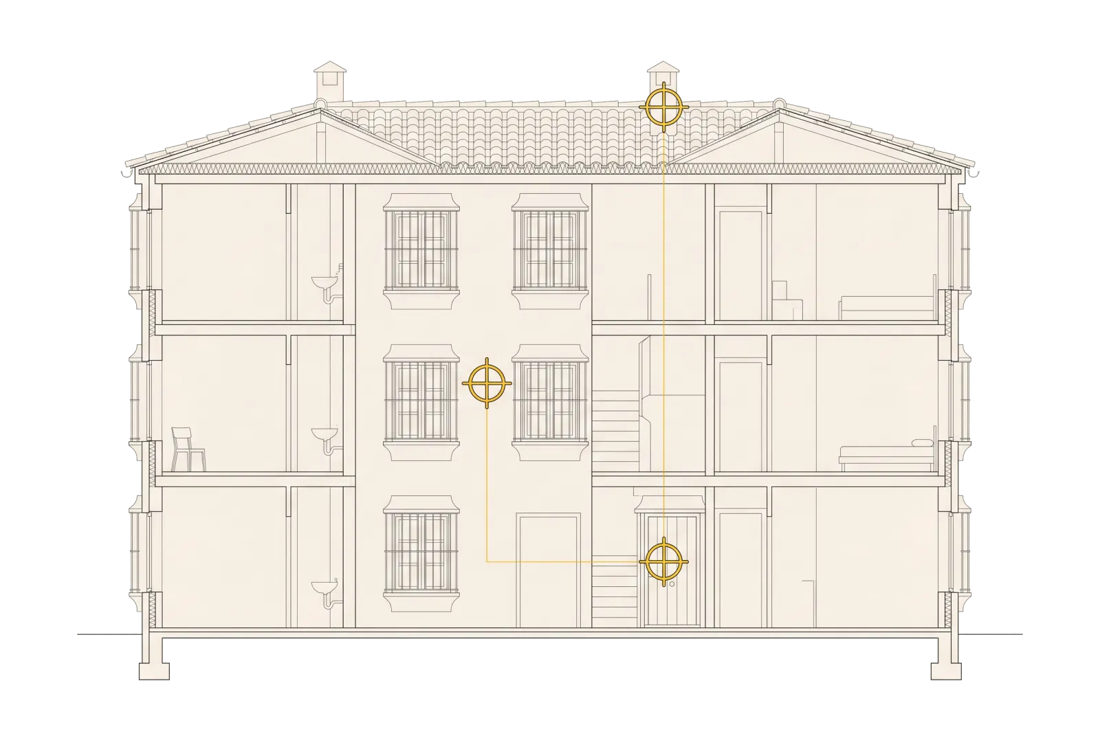 Section through a three-storey building with the flats visible and several inspection points marked in yellow