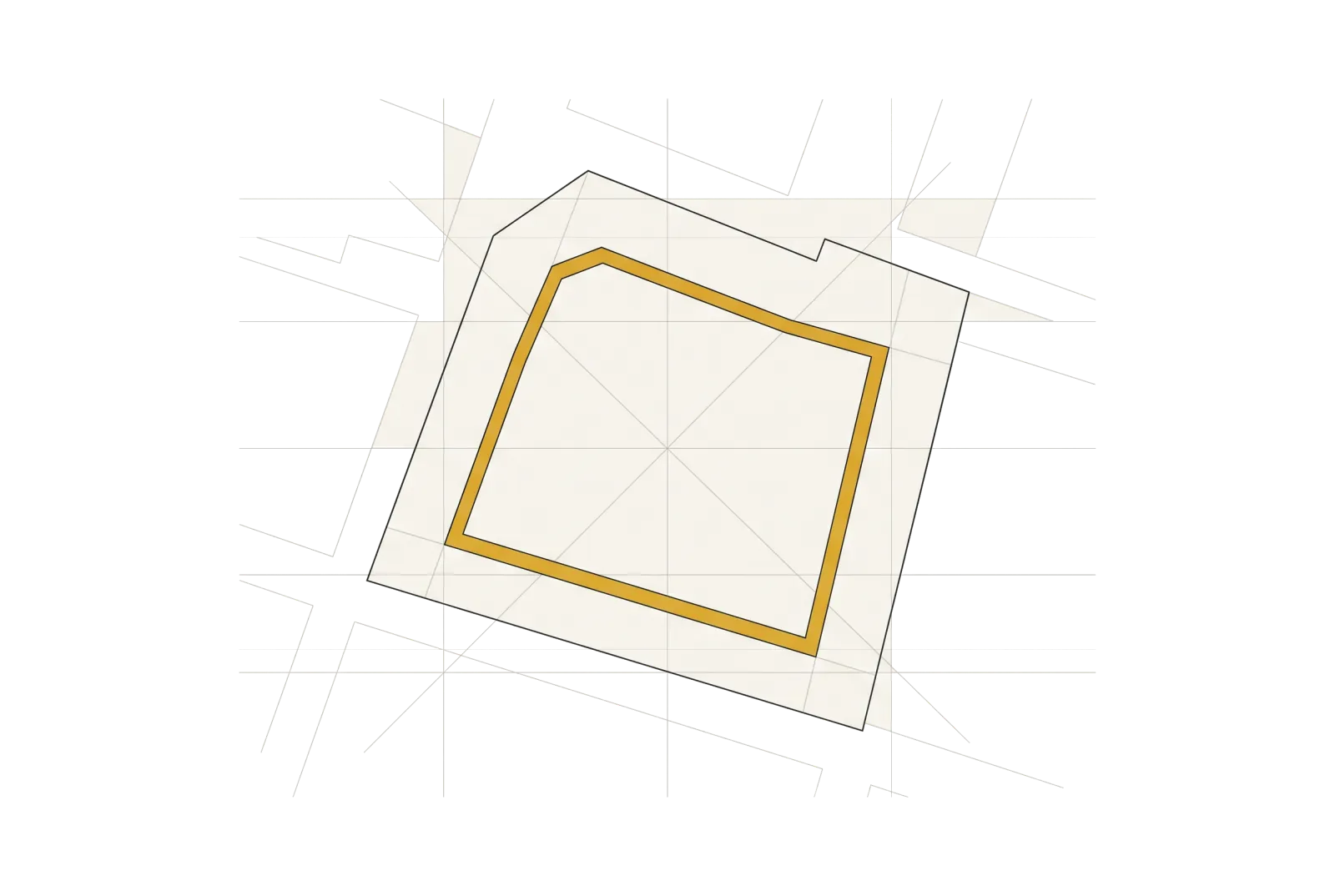 Plan of a plot with the planning grid around it and the buildable area picked out in yellow inside its boundaries