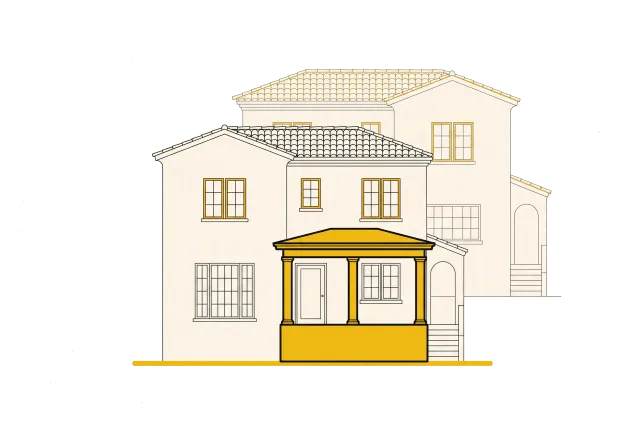 Alzado de una vivienda con un cuerpo añadido destacado en color, el que se somete a legalización