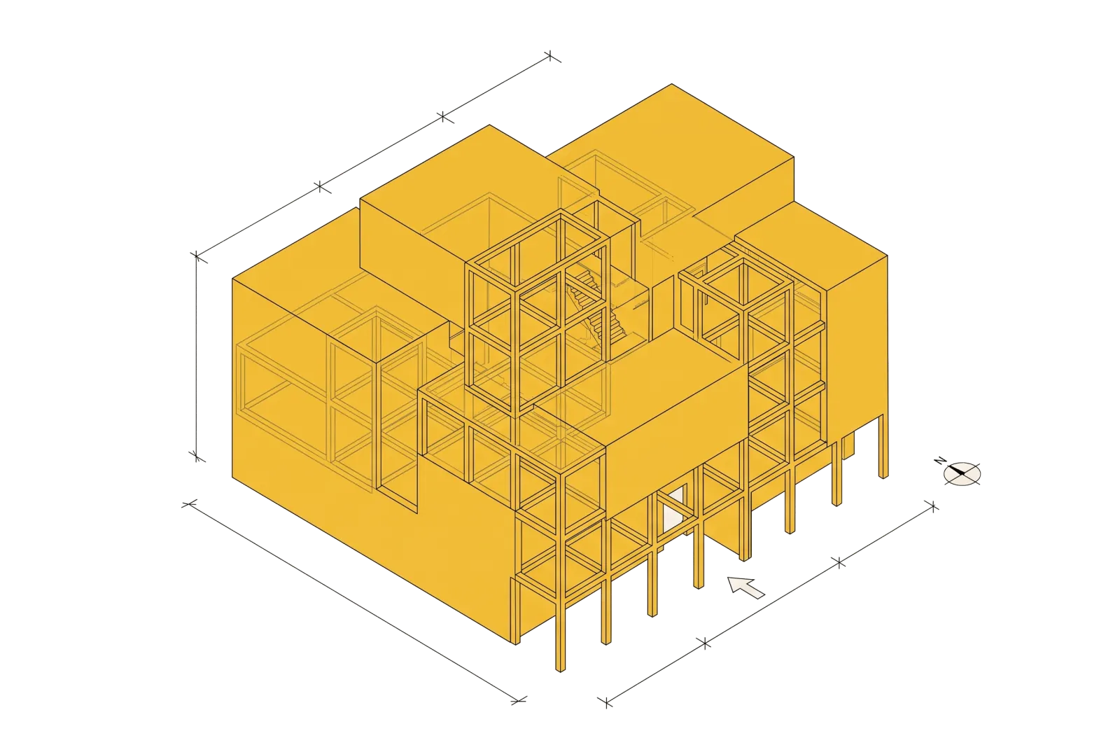 Axonometric drawing of a building with its columns and floor slabs exposed, surrounded by dimension lines