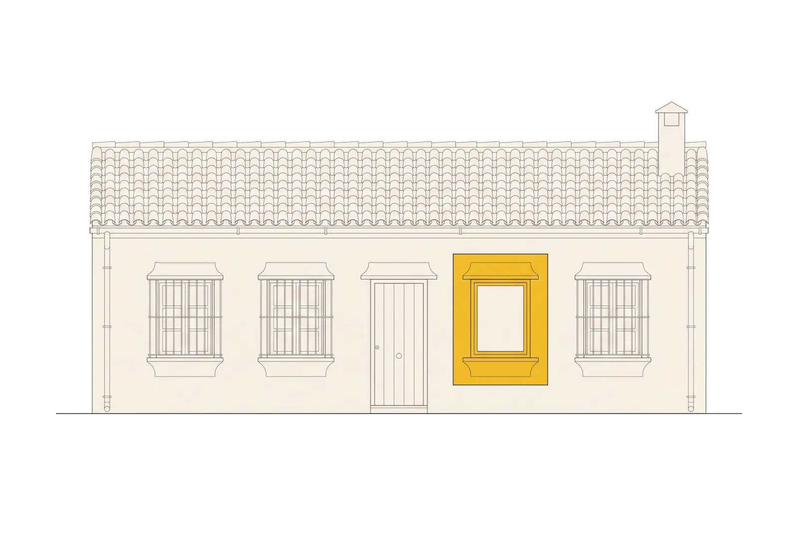 Alzado de una casa de una planta con una de sus ventanas destacada en amarillo y el resto del dibujo en línea tenue