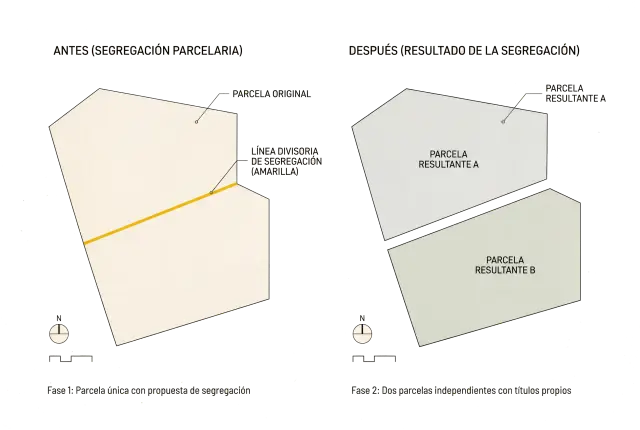 Esquema de una parcela partida por una línea amarilla, antes y después de la segregación