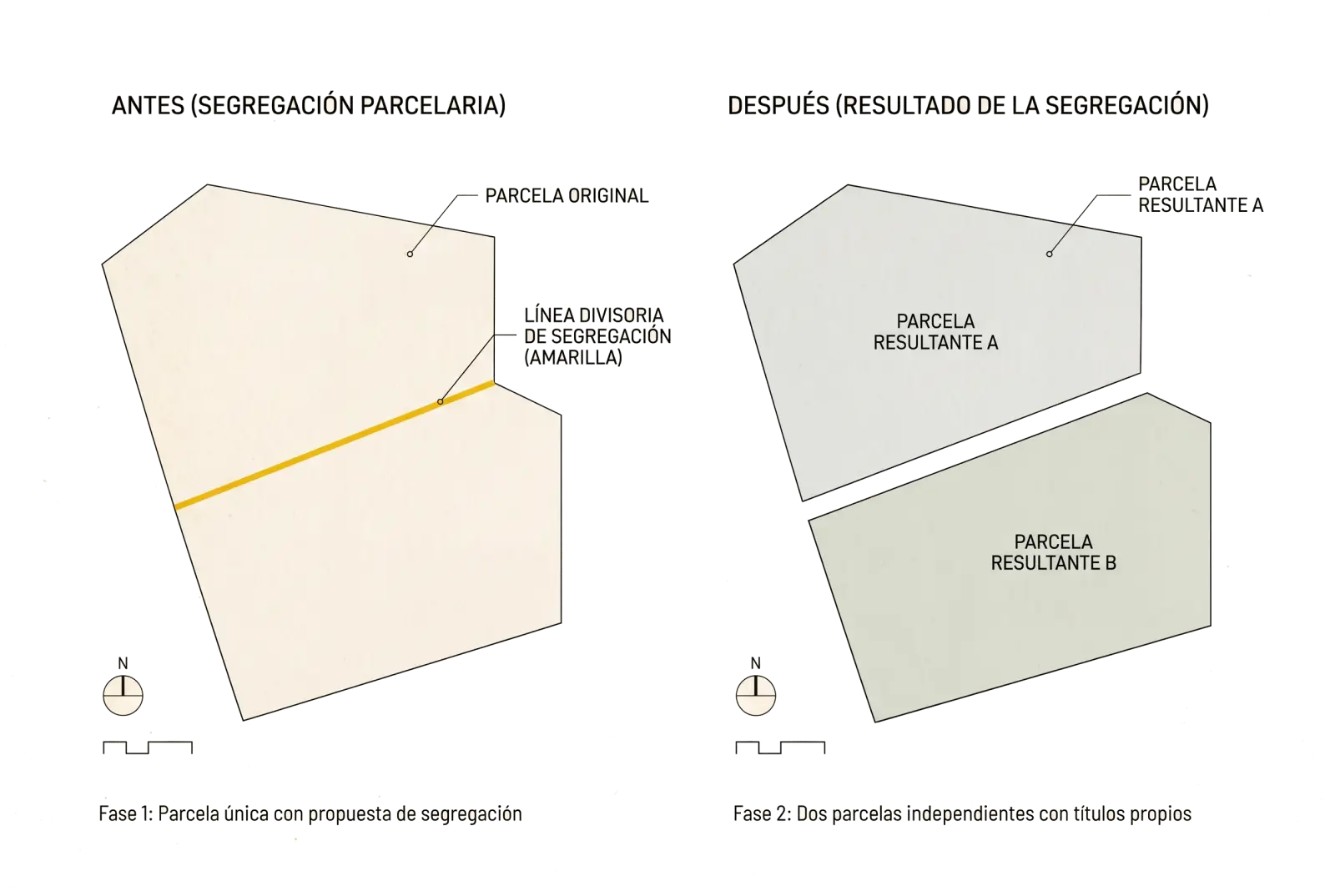 Esquema de una parcela partida por una línea amarilla, antes y después de la segregación