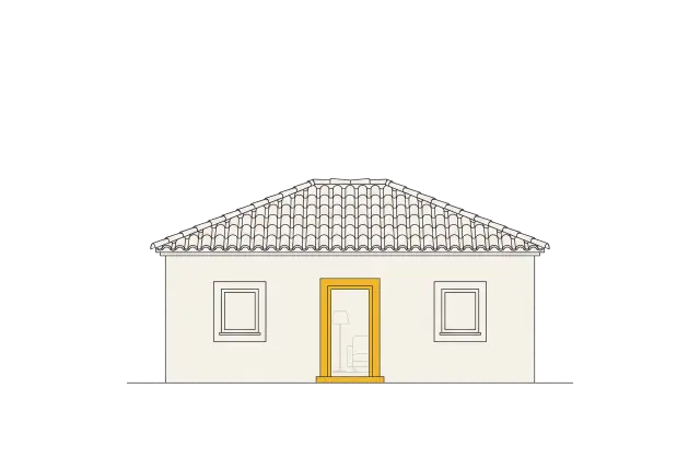 Alzado de una vivienda de una planta con la puerta de entrada resaltada en amarillo y el interior habitado insinuado detrás