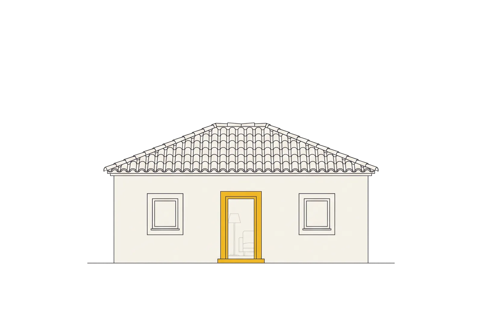 Alzado de una vivienda de una planta con la puerta de entrada resaltada en amarillo y el interior habitado insinuado detrás