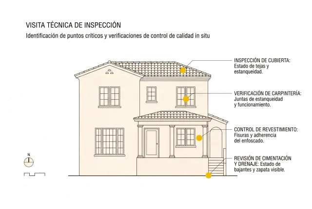 Alzado de una vivienda con cuatro puntos de inspección marcados: cubierta, carpintería, revestimiento y cimentación