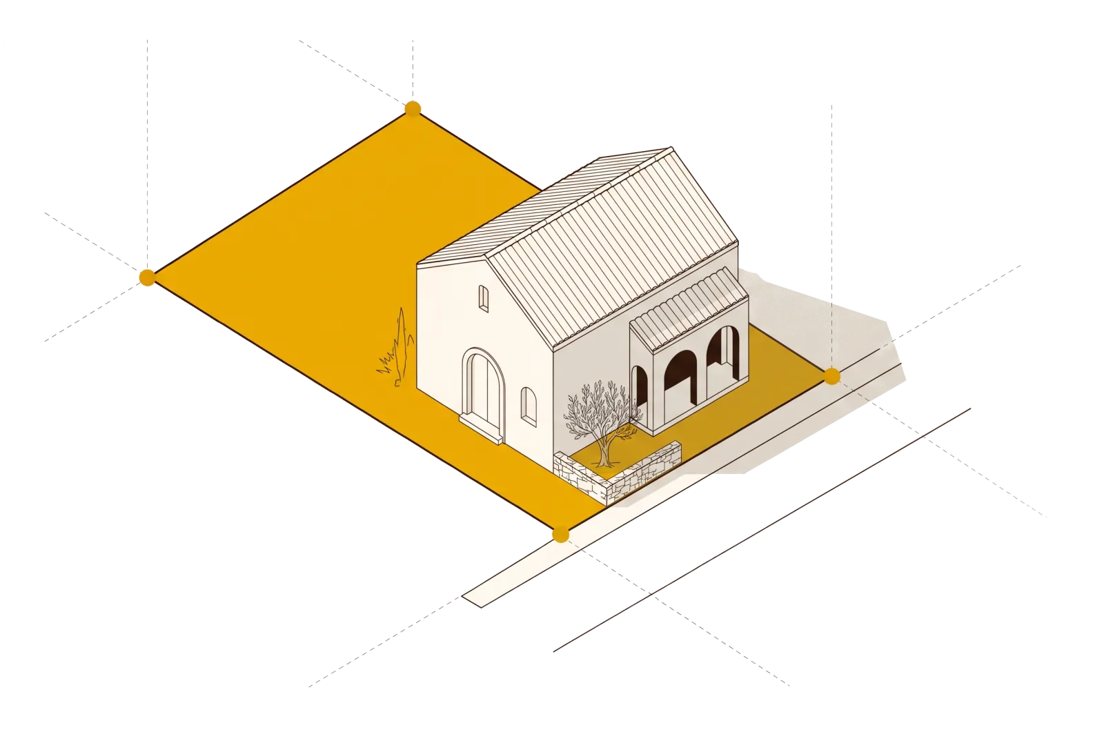 Axonometric drawing of a house with an arched porch and an olive tree, on a plot marked in colour with the site's reference lines